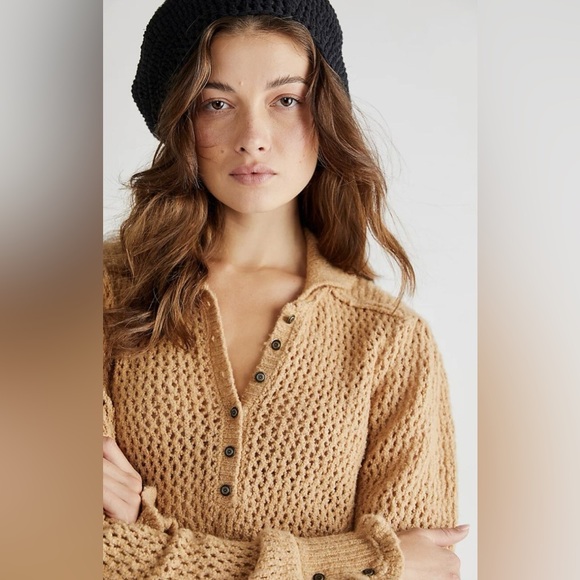 NWOT Free People Snowdrift Henley Open Defined Knit Camel Heather Pullover Sz S - Picture 2 of 4